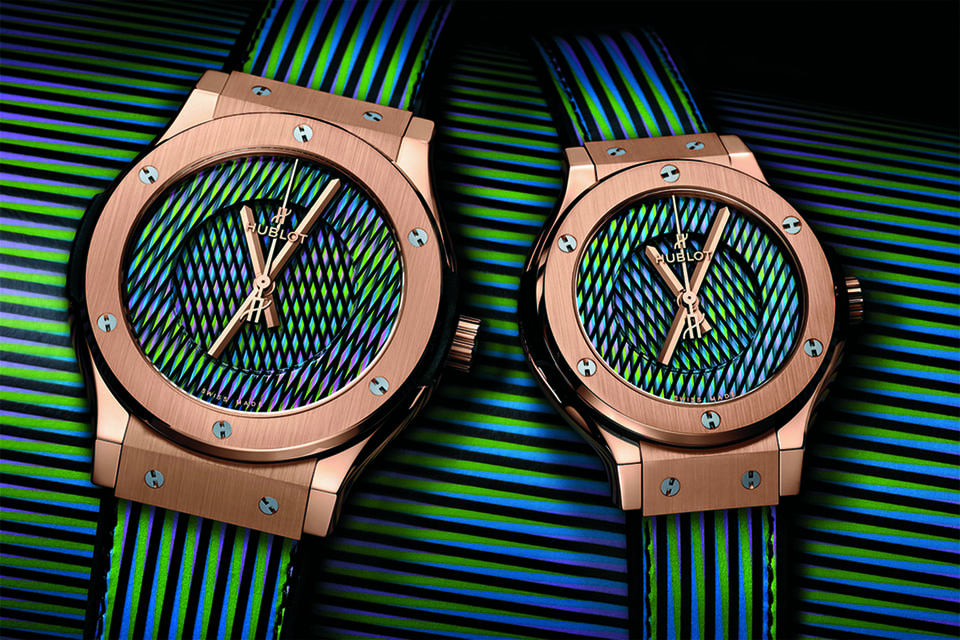 Композиция на циферблате часов Hublot Classic Fusion Cruz-Diez вдохновлена одной из ранних работ художника Chromointerference 1964 года