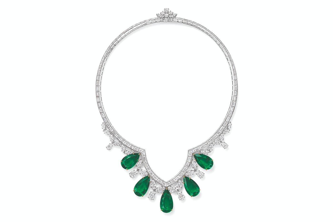 Колье Harry Winston ‘Cathedral’ из коллекции New York из платины с грушевидными колумбийскими изумрудами 65.63ct и бриллиантами 46.83ct 