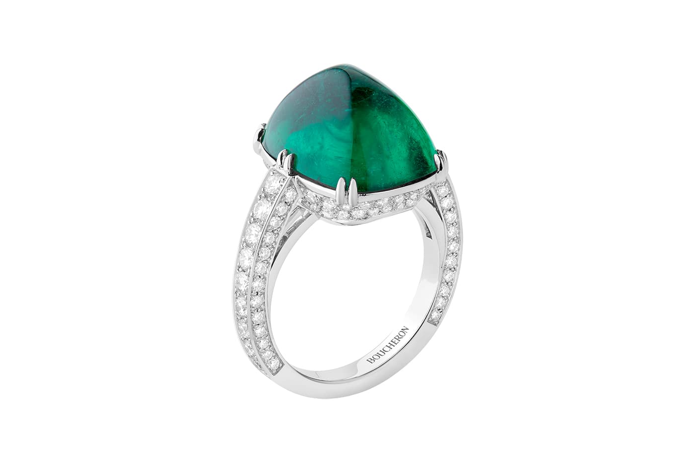 Кольцо Boucheron 'Joy'из платины с замбийским изумрудом 12.44ct и бриллиантами