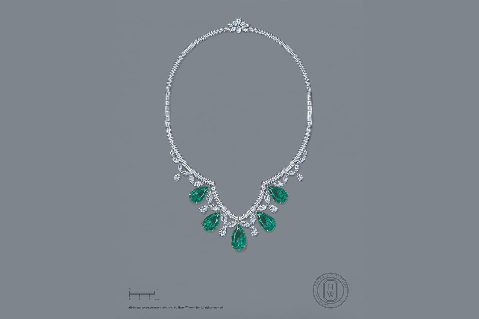 Эскиз колье Harry Winston ‘Cathedral’ из коллекции New York из платины с грушевидными колумбийскими изумрудами 65.63ct и бриллиантами 46.83ct 