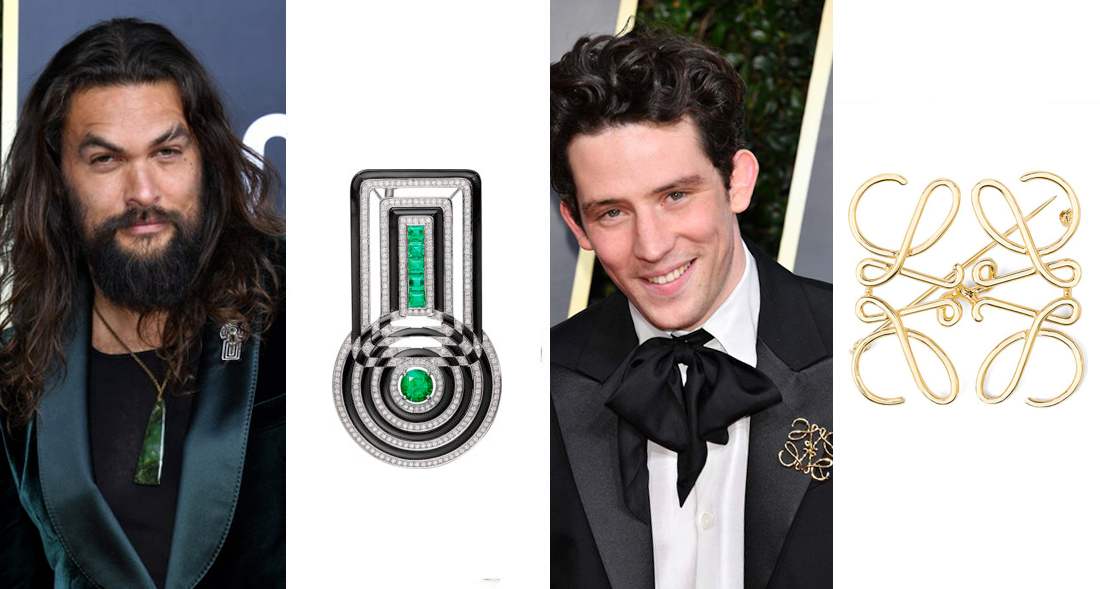 На Джейсоне Момоа: Cartier Fine Jewelry; на Джоше О’Конноре: Loewe Anagram («Золотой глобус — 2020»)